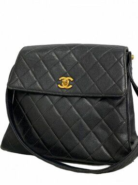 Chanel Shoulder Bag Quilted Caviar Leather Black Gold